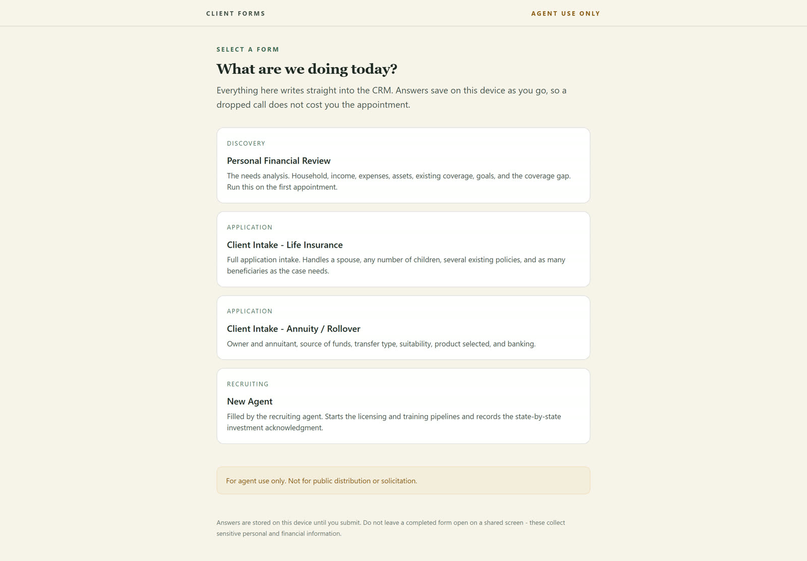 The agent-only intake forms hub listing four custom coded forms.