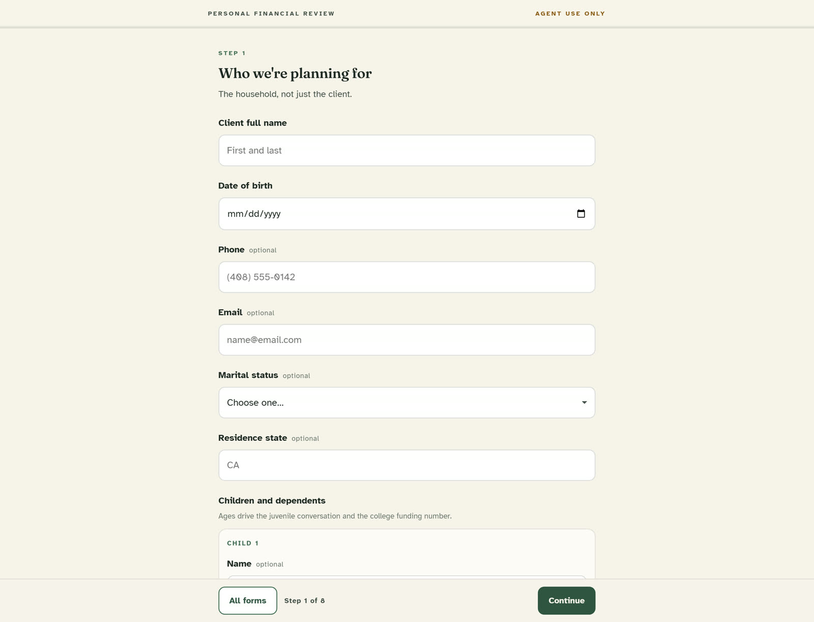 The Personal Financial Review intake form, step 1 of 8, showing a repeating child and dependant group.